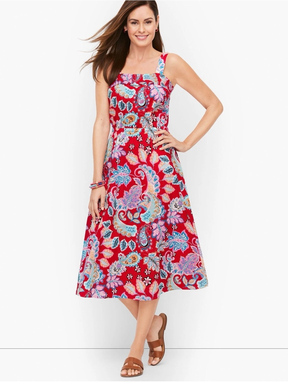 Talbots Plus Square Neck Midi Dress 18W Red Paisley Floral Smocked Bodice
